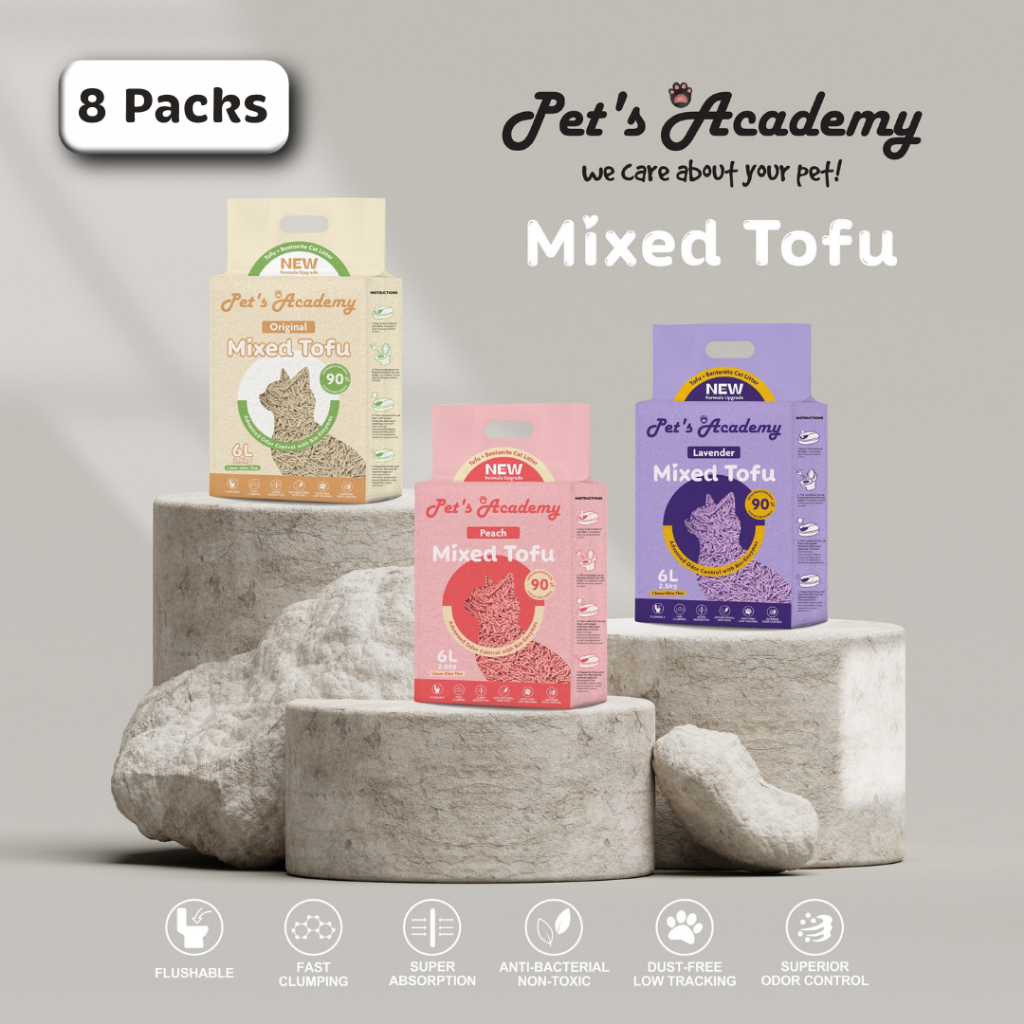 PETS ACADEMY เต้าหู้ผสม + ทรายแมว 6L = 2.5 กก. (8 แพ็ค) - บางพิเศษ 1.5 มม. ฟลัชชิ่ง ฝุ่นน้อย Passir 