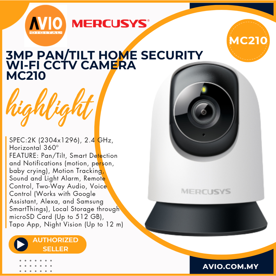 Mercusys MC210 3MP 2K ในร่ม Pan Tilt Home Wifi Wi-Fi กล้องวงจรปิด Two Way Talk Motion Detect MC210