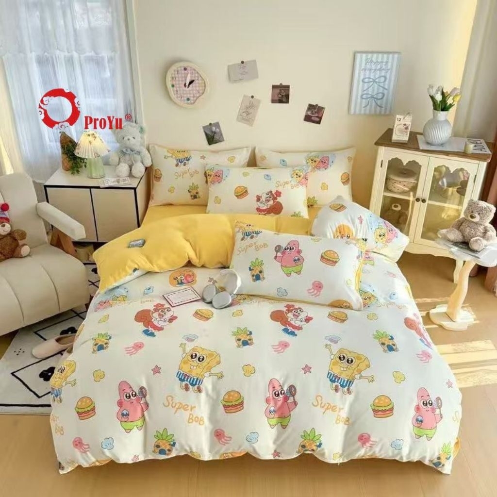 Spongebob ผ้าปูที่นอนพร้อมผ้าห่มนวม 1600 เส้นด้าย cotton set queen / king size 7 in 1