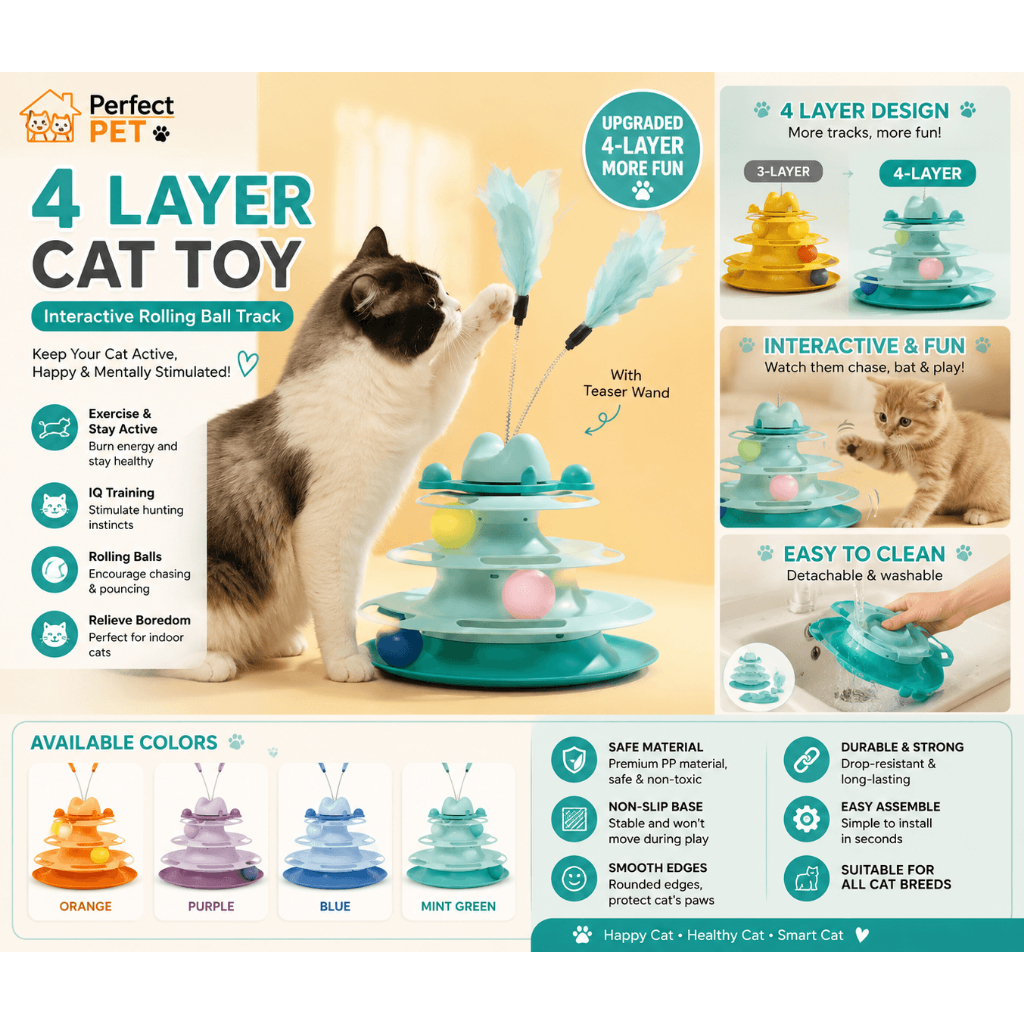 4 ชั้น Cat Ball Track ของเล่น Interactive Rolling Ball Tower Cat Teaser ของเล่นลูกแมว IQ การฝึกอบรมข