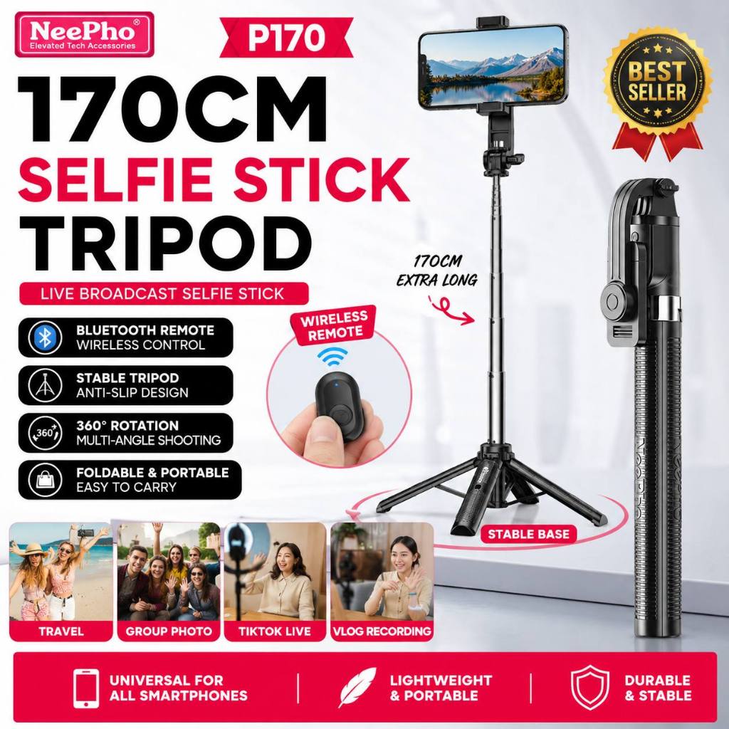 NeePho P170 Selfie Stick ขาตั้งกล้อง 170 ซม.บลูทูธระยะไกลขยายผู้ถือโทรศัพท์สําหรับ TikTok Live Vlog 