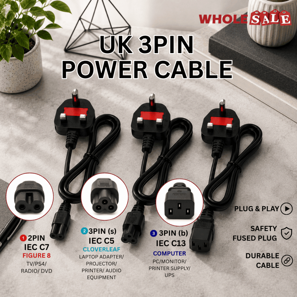UK 3 Pin สายไฟ IEC C7 รูป 8 IEC C5 Cloverleaf IEC C13 สายไฟ / Kabel Kuasa UK 3 Pin