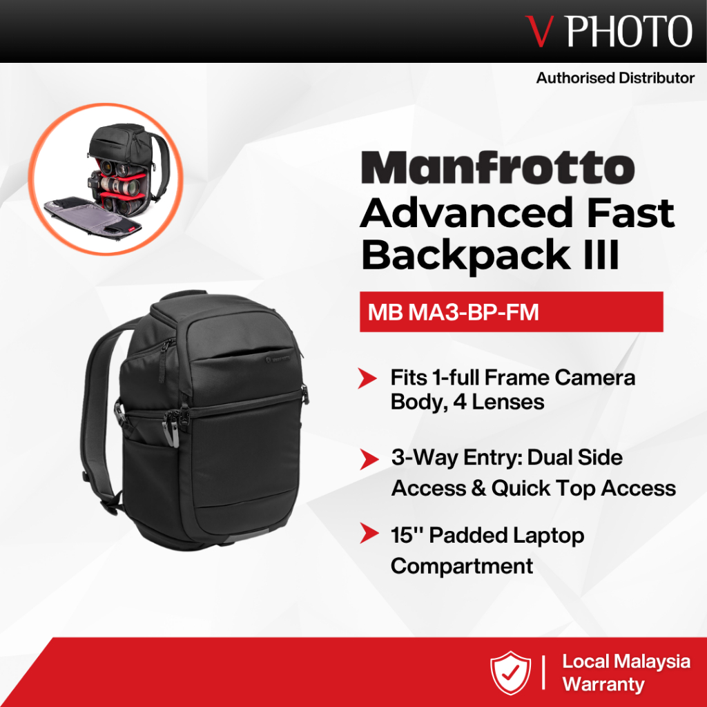 Manfrotto Advanced Fast Backpack III กระเป๋ากล้อง 18.5L DSLR Mirrorless กระเป๋าเป้สะพายหลังแล็ปท็อปพ