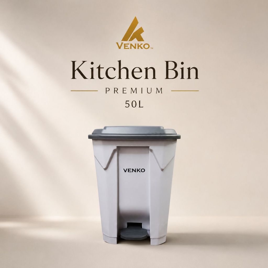 [50L] Venko Premium Kitchen Bin / Venko Tong Sampah Dapur / ถังสีเทาและขาว