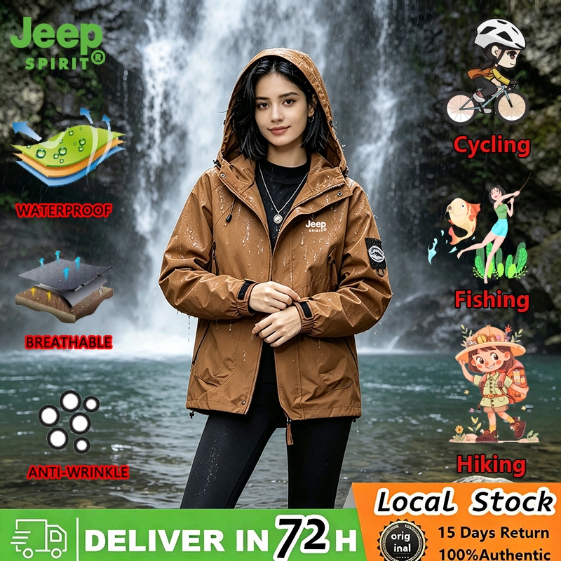 Jeep Spirit เสื้อแจ็คเก็ตกันน้ําสําหรับผู้หญิงเสื้อแจ็คเก็ตเดินป่ามีฮู้ดกันลมในคาราเมล