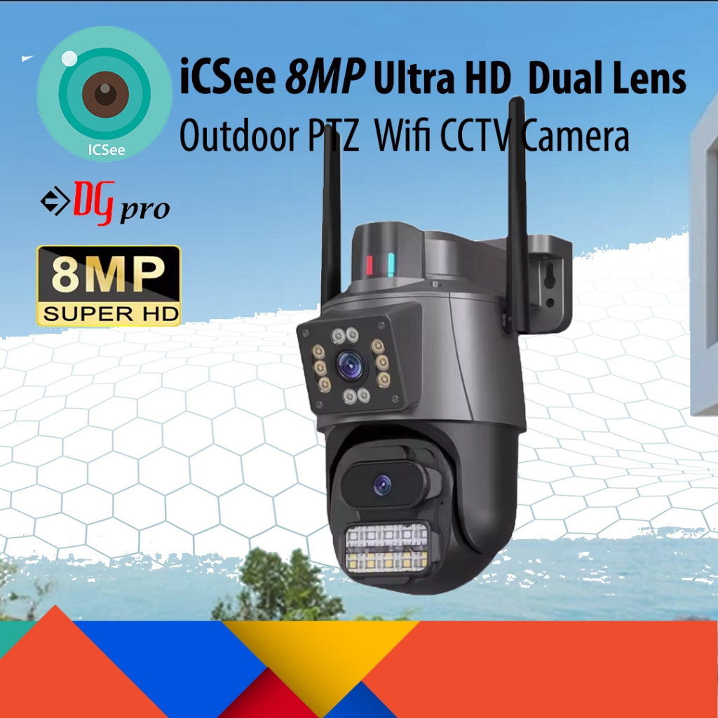 [มาใหม่] iCSee 6MP Dual Lens / Dual Screen Weatherproof Outdoor PTZ Wireless WIfi CCTV Camera