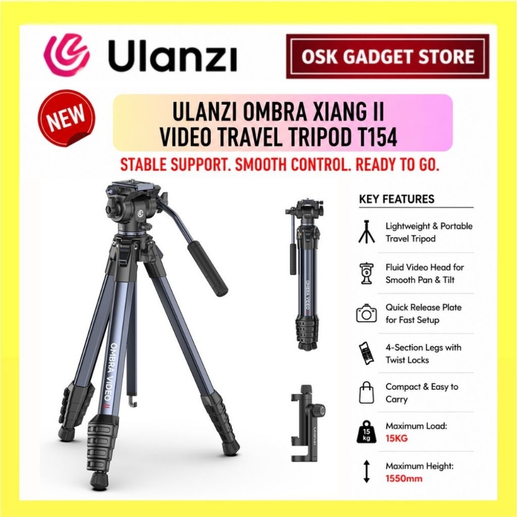 Ulanzi Ombra Xiang II Video Travelขาตั้งกล้องT154 Fluid Video Head Aluminiumขาตั้งกล้องพร้อมที่วางสม