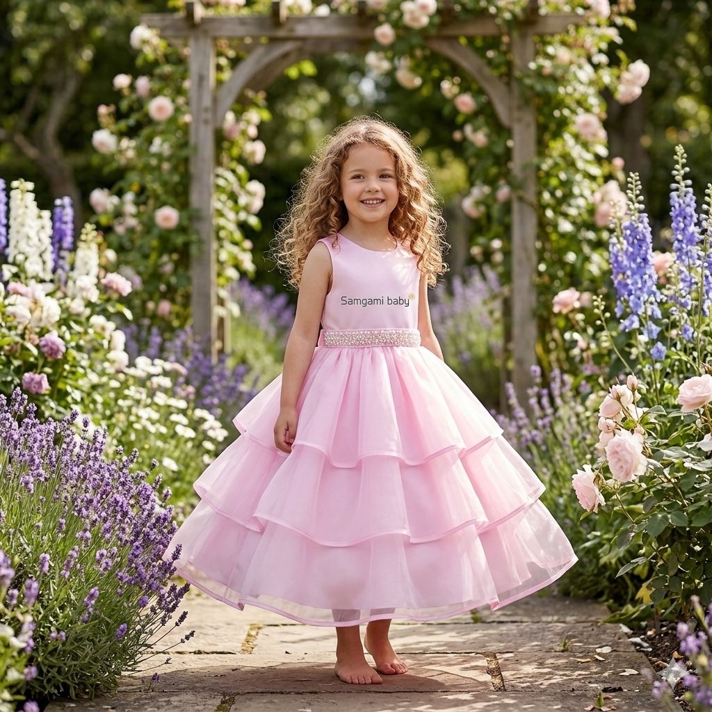 L095-สีชมพูหลายชั้น Tulle Girl Dress Ball Gown Party Dress (7y, 8y, 10y)