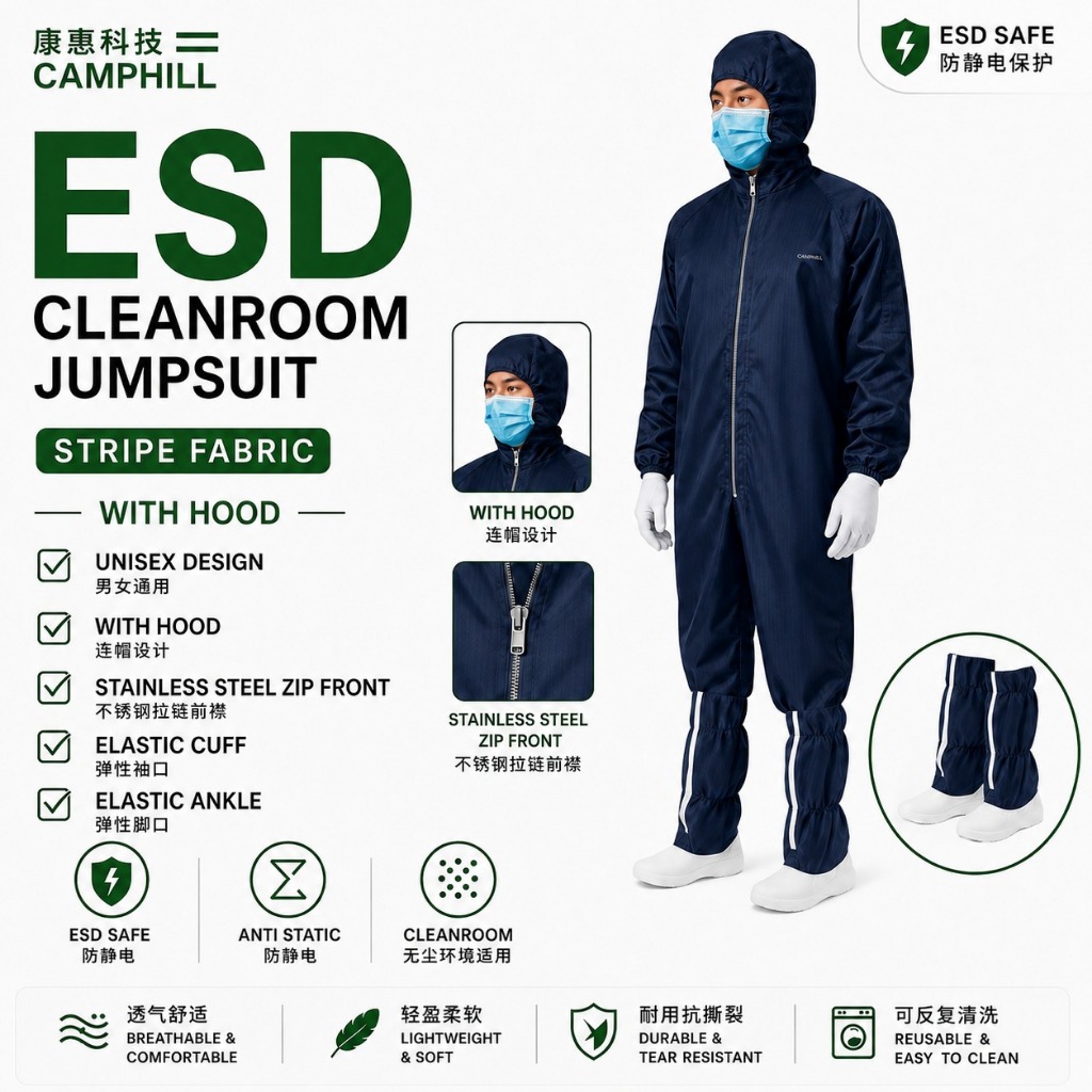 ESD Jumpsuit Headcover Cleanroom Workwear Lab เครื่องแบบรอบคอลายซิปประเภท Unisex รองเท้า Exclude สีน