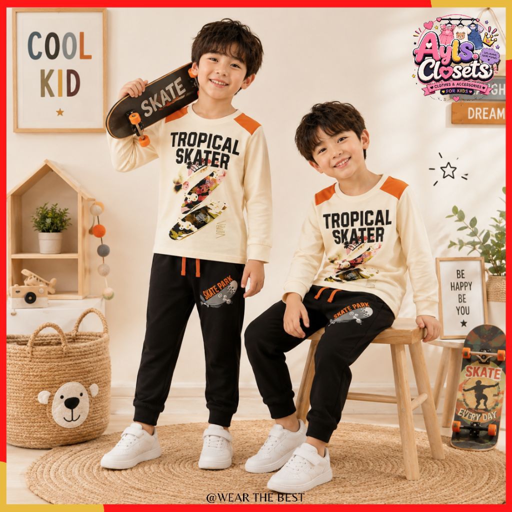 {2-8y}ชุดแขนยาว Baju Budak Lelaki Jalan Budak hm Cotton Boy Kids Cream สีดํา