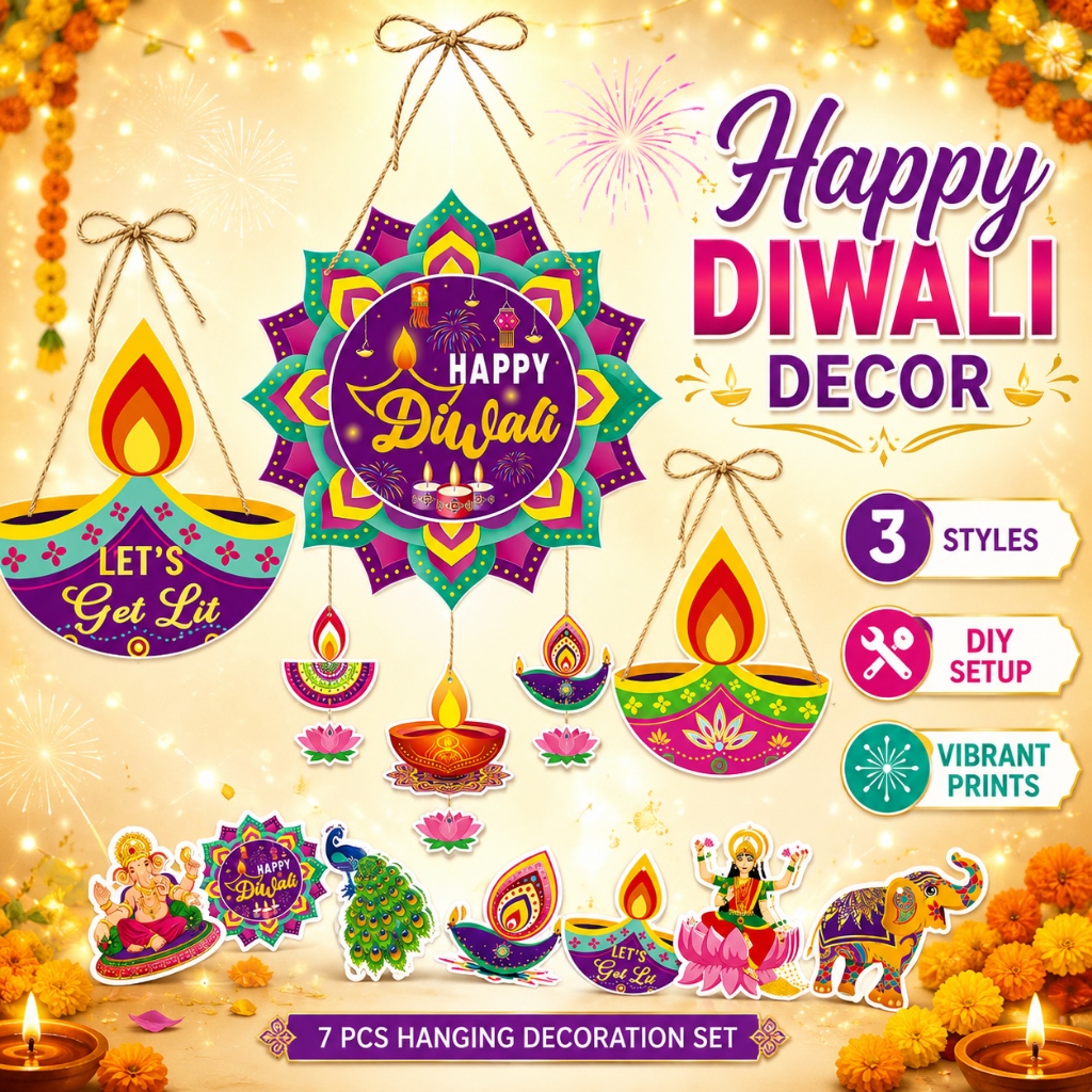 Diwali แขวนตกแต่ง Deepavali ตกแต่ง DIY ประตู Wall Party Decor Happy Diwali ป้าย 7 ชิ้นชุด Hiasan Dee