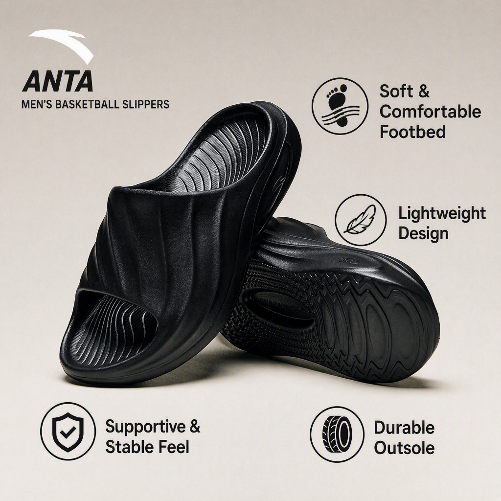 ANTA Men Sports Basketball Lightweight Slippers 1125E1801Q-4 Basic Black (Selipar Lelaki)