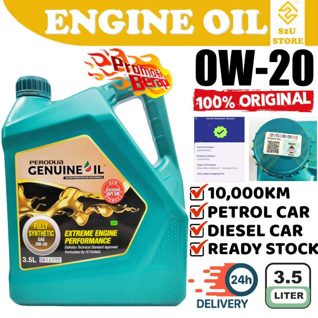 S2U น้ํามันเครื่อง Perodua 0W20 Fully Synthetic Miyak Hitam Enjin Kereta 0W-20 Tulen
