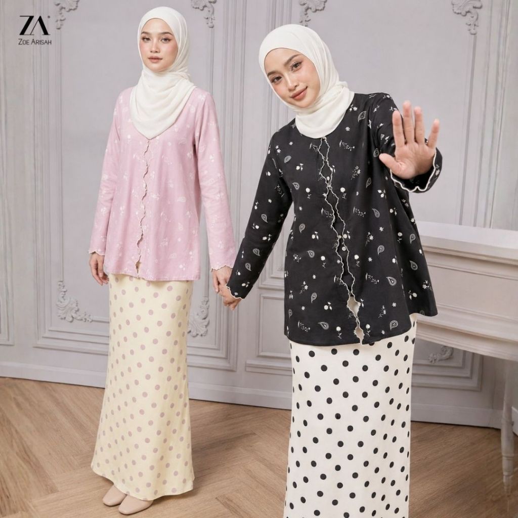 [ใหม่] ZOE ARISAH Reeva Kurung Kebaya Moden Floral Sulam พิมพ์ลายจุด Baju Muslimah 2026 เย็บปักถักร้