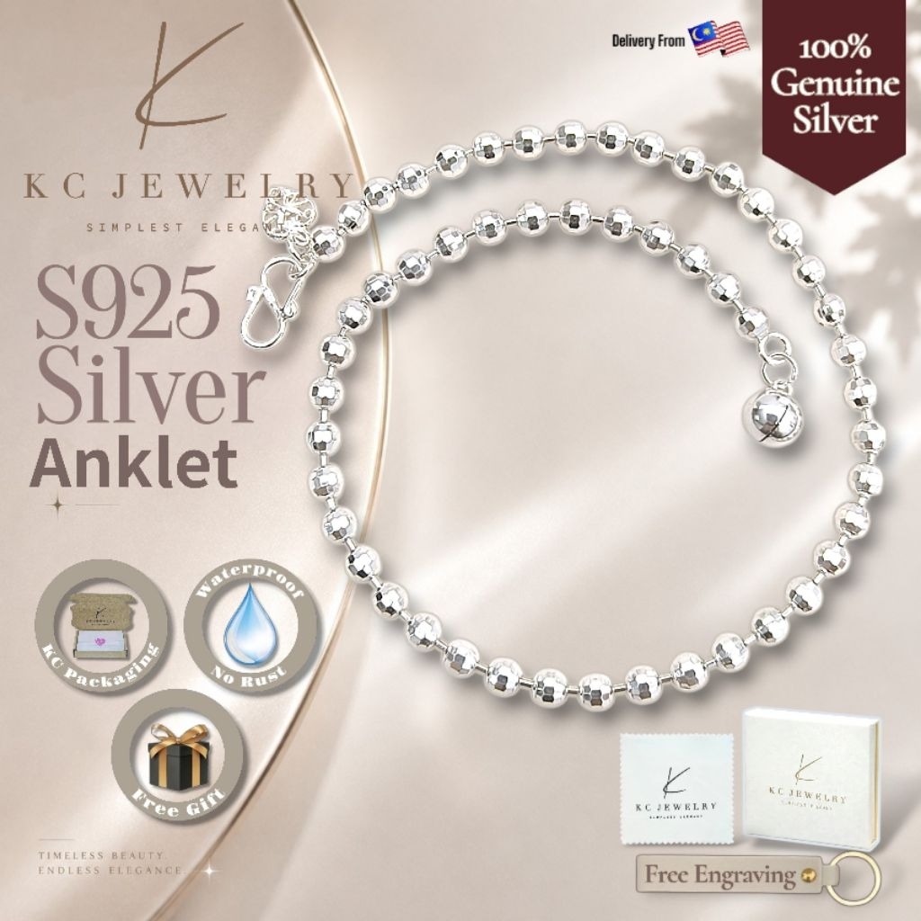 KC Jewelry S925 Silver Ball Bead Anklet/Ranttai Gelang Kaki Biji Sawi Perak ที่ละเอียดอ่อนเพชร脚链 For