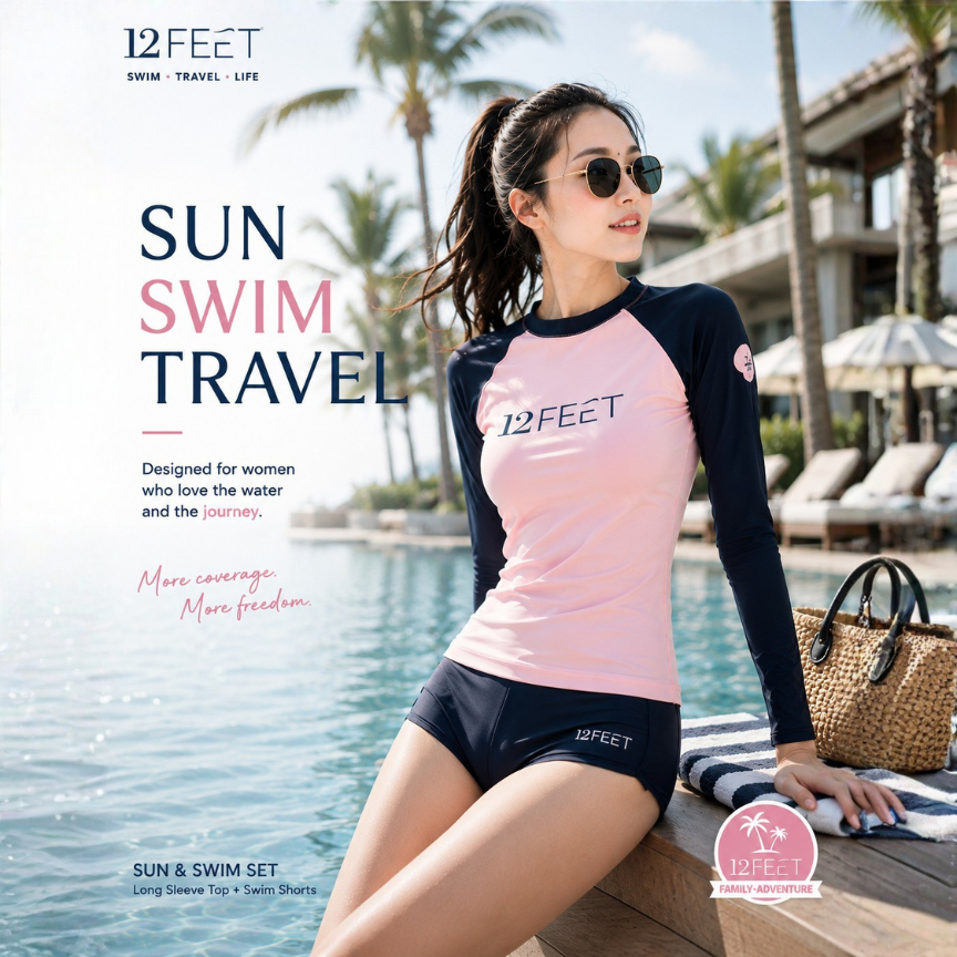 12FEET ผู้หญิง UPF50 + ชุดว่ายน้ําแขนยาวชุด Baju Renang Wanita 2 ชิ้นกางเกงว่ายน้ํา + กางเกงขาสั้น S