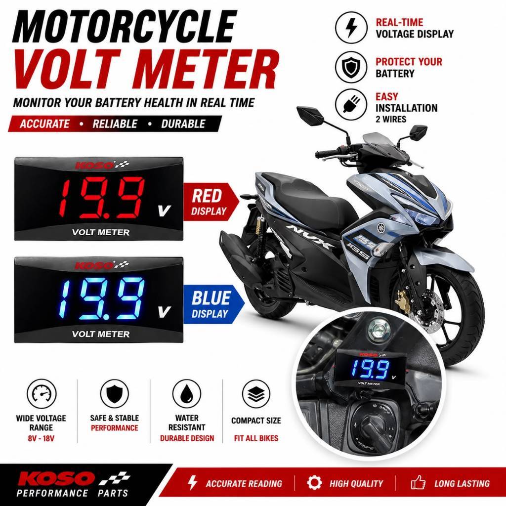 KOSO VOLTAGE METER 12V LED DIGITAL DISPLAY VOLTMETER รถจักรยานยนต์ VOLT GAUGE PANEL METER