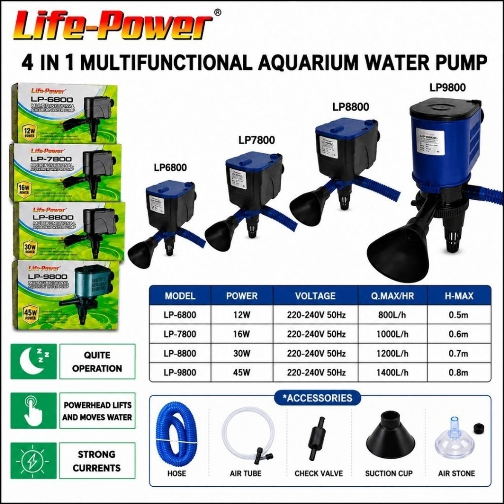 Life-Power LP6800 LP7800 LP8800 LP9800 4-in-1 Aquarium ปั๊มน้ํา Powerhead ปั๊มออกซิเจน 800-1400L/H