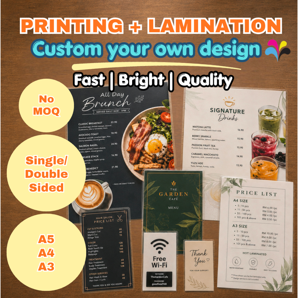 ที่กําหนดเองร้อนเคลือบการพิมพ์ A3 A4 A5 เดี่ยว/สองด้านเมนูราคารายชื่อธนาคารร้านอาหาร Cafe Premium Ar
