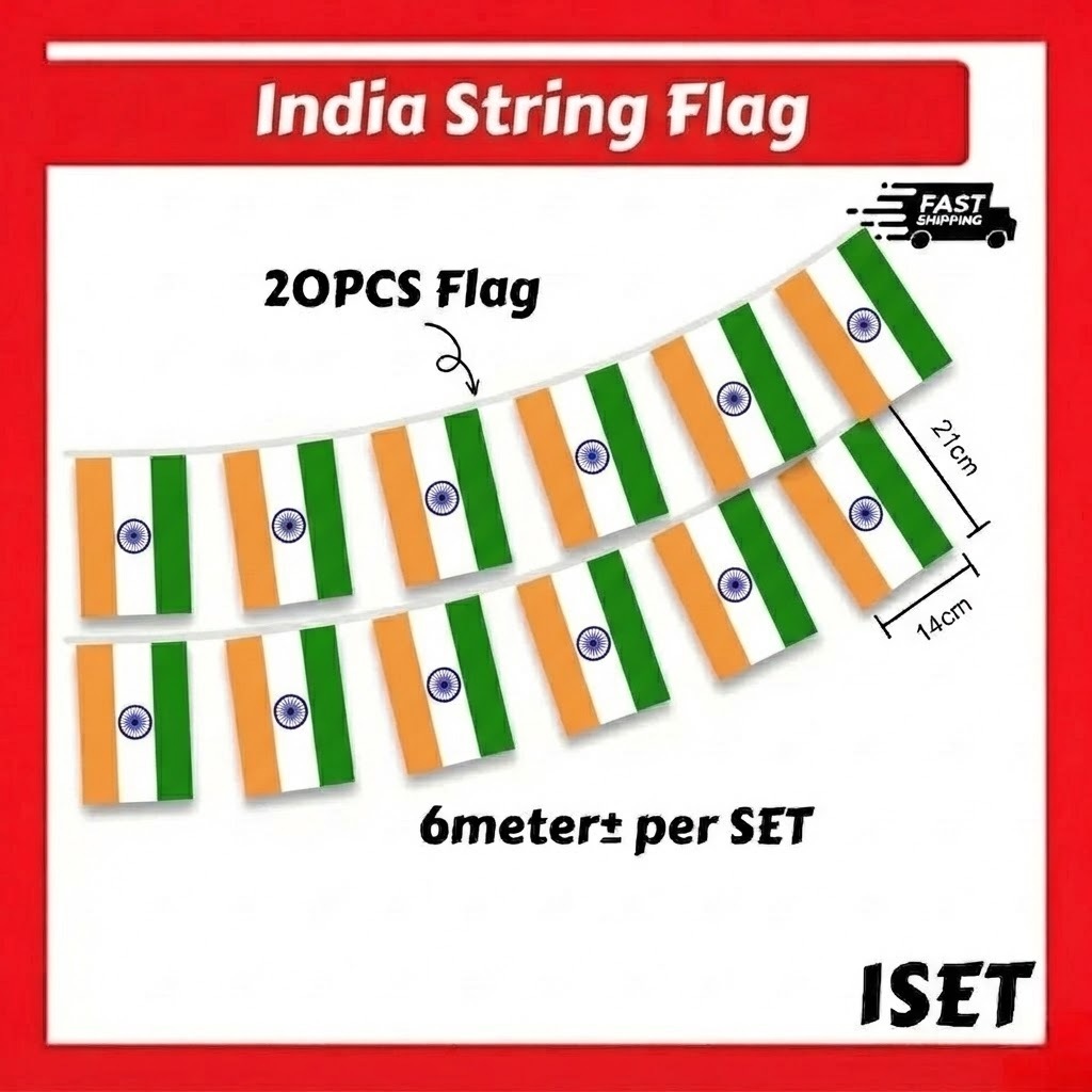 【20 ชิ้น/6 เมตร】ธงประดับอินเดีย ขนาด 14x21 ซม. สำหรับวันชาติ India String Flag Bunting