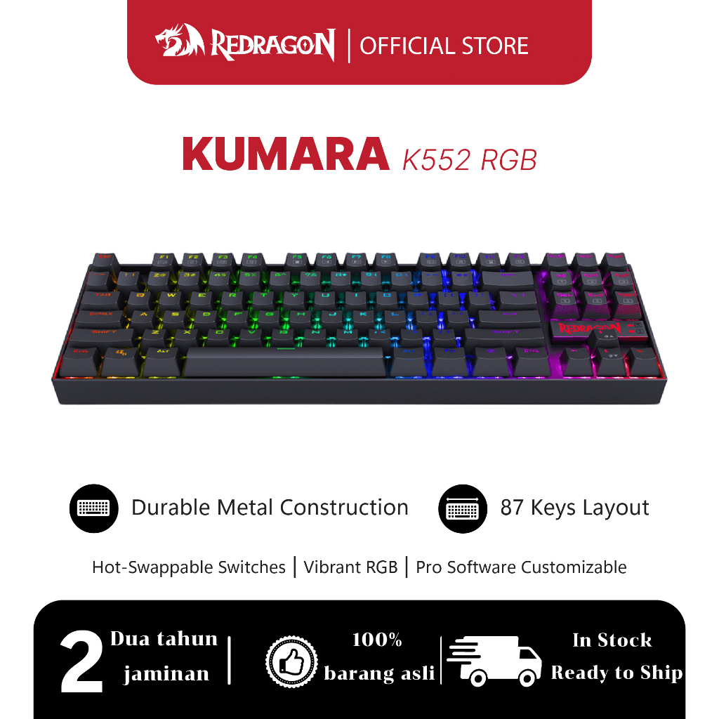 Redragon KUMARA K552 RGB สีดํา 87 คีย์คีย์บอร์ดเกมกลแบบมีสาย TKL ABS-การออกแบบโลหะ