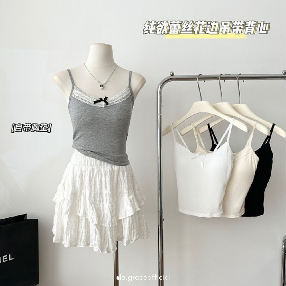 LA.GRACE OFFICIALLace Trim Ribbed Cami Top Slim Fit Spaghetti Strap Innerwear Daily Base Tank 吊带 女丝打