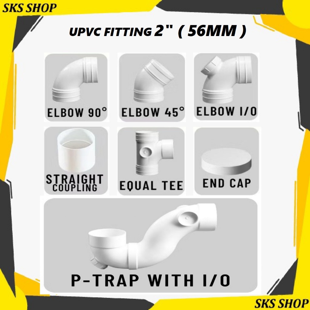 (56 มม. - 2" ) UPVC Fitting Paip Sinki Dapur, Paip PVC Putih Elbow Socket Tee UPVC End Cap PVC Pipe 