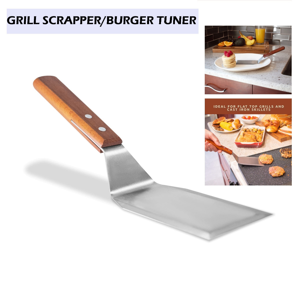 สแตนเลสสตีลไม้ handle Burger Flipper Burger Tuner Grill Spatula มุม Burger Turner Grill Scrapper