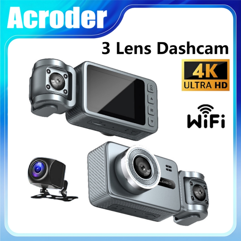 Acroder Dashcam kereta 4K UHD 3 Channel WiFi ในตัว 24 ชั่วโมงการเฝ้าระวังที่จอดรถ Loop บันทึก G-sens