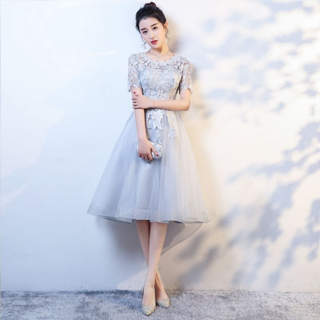 M~2XL 灰色 Midi A-Line อาหารค่ําสีเทาชุดรอบคอแขนสั้นปาร์ตี้ผู้หญิงแฟชั่น A版 显瘦 圆身领 礼物短袖外套