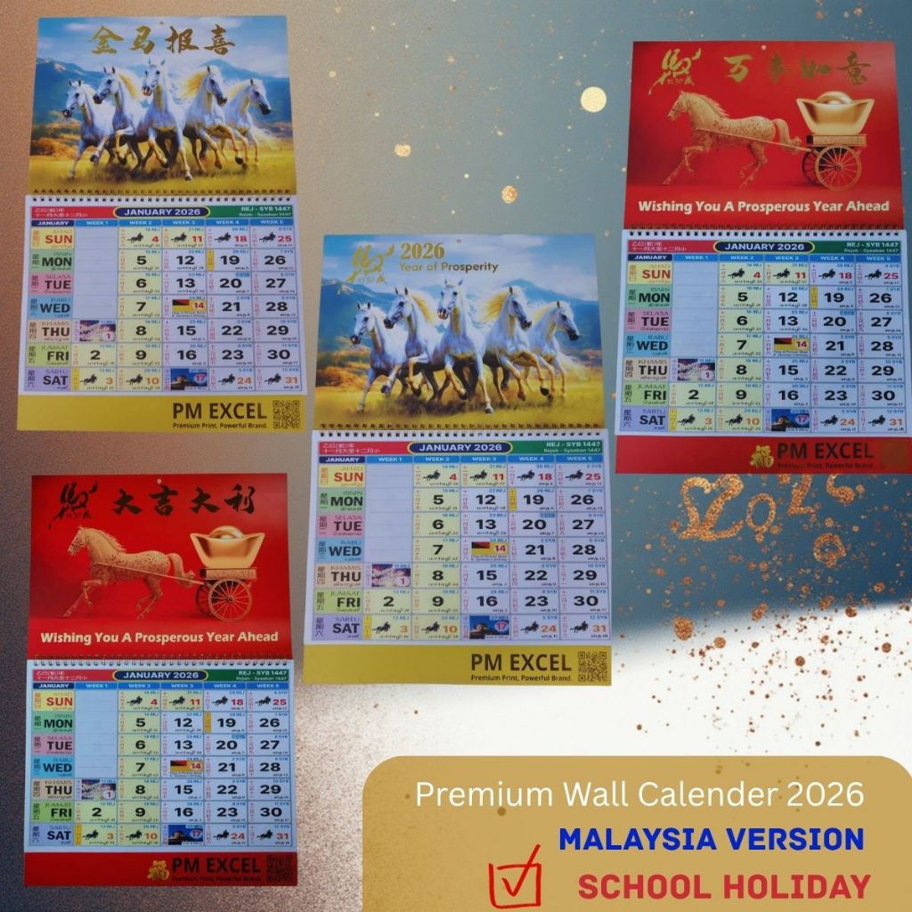Calender ปี 2026 (พร้อมวันหยุดของโรงเรียน) Wall Calander Kalendar Kuda รองเท้าวิ่งด้านล่าง 2026 บุคล