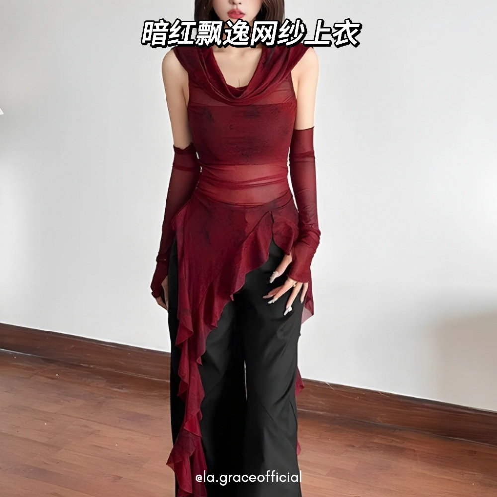 LA.GRACE อย่างเป็นทางการDark Fairy ตาข่าย/Gothicไม่สมมาตร Sheer Top/Flowing ไม่สม่ําเสมอ Hem เสื้อ/ผ