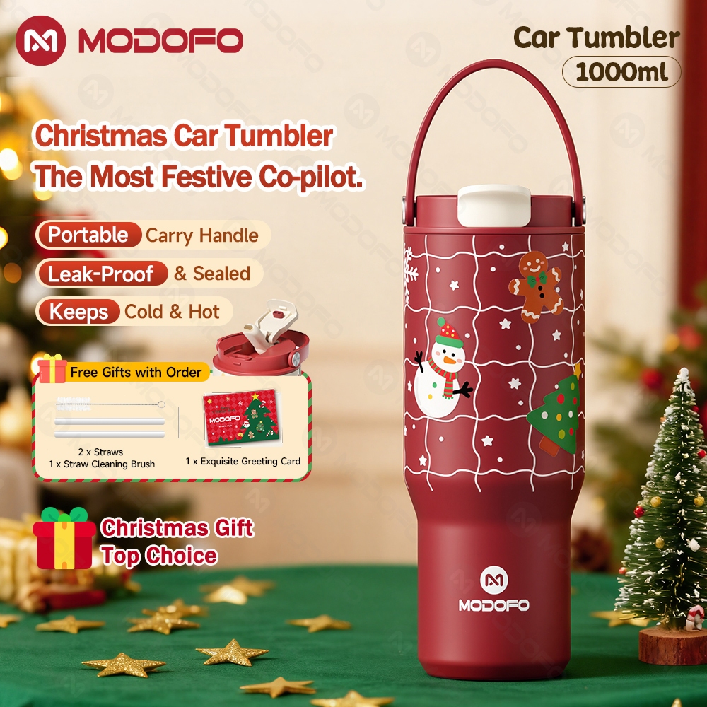MODOFO แก้วน้ําในรถยนต์คริสต์มาส 1000 มล. กระติกน้ําร้อนพร้อมหลอดขวดน้ําฉนวนกันรั่ว