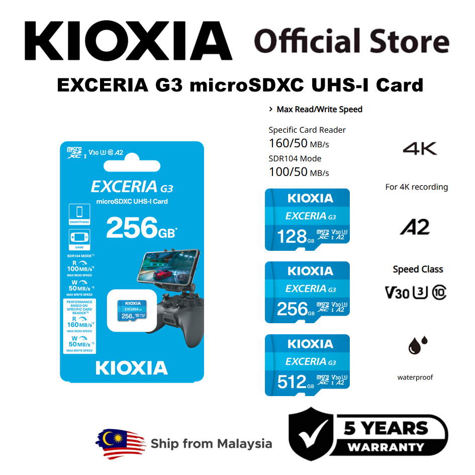 การ์ด KIOXIA Exceria G3 microSD UHS-I (128GB_256GB_512GB) วิดีโอ 4K V30 U3 Class10 A2