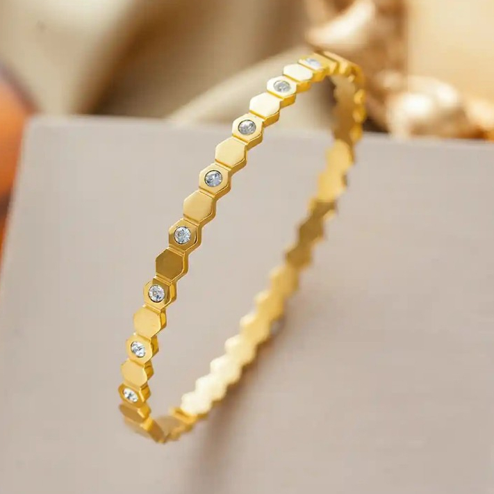 HONEYCOMB HEXAGONAL ZIRCONIA BANGLE TITANIUM STEEL GELANG TANGAN ANTI KARAT JEWELERY