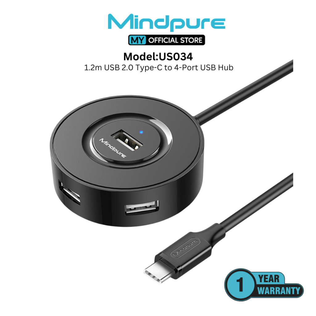 MINDPURE US034 1.2 ม. USB 2.0 Type-C ถึง 4 พอร์ต USB Hub (สีดํา)