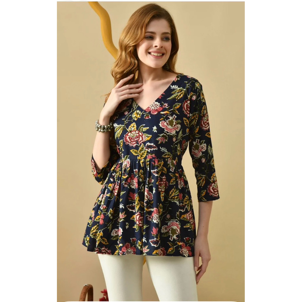 SSFH Cotton พิมพ์ลาย Peplum Flared Short Kurti (เฉพาะด้านบน)