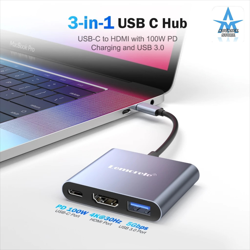 Lemorele TC33 อะแดปเตอร์ฮับ USB 3-in-1 USB C ถึง HDMI 4K30HZ USB-A 5Gbps PD100W Plug and Play