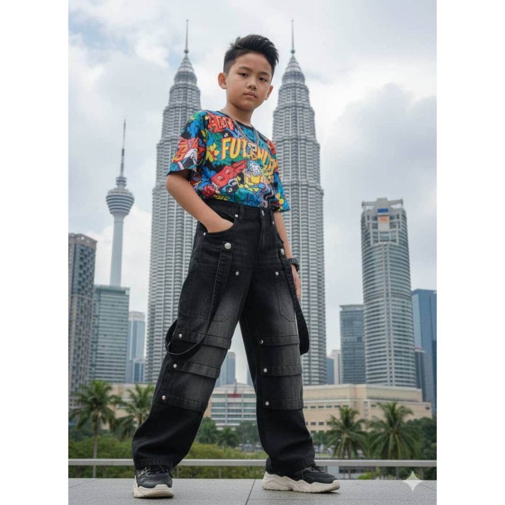 [PREMIUM] กางเกงยีนส์คาร์โก้เด็ก Baggy Y2K Style Cutting Unisex Boy And Girl Wear Size 4yr-15yr in