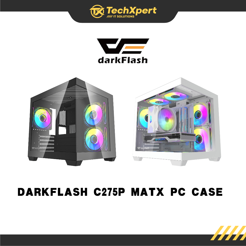 DARKFLASH C275P MATX PANORAMIC VIEW PC CASE พร้อมพัดลม ARGB DM20 3 ตัว และฮับ ARGB 6 พอร์ต