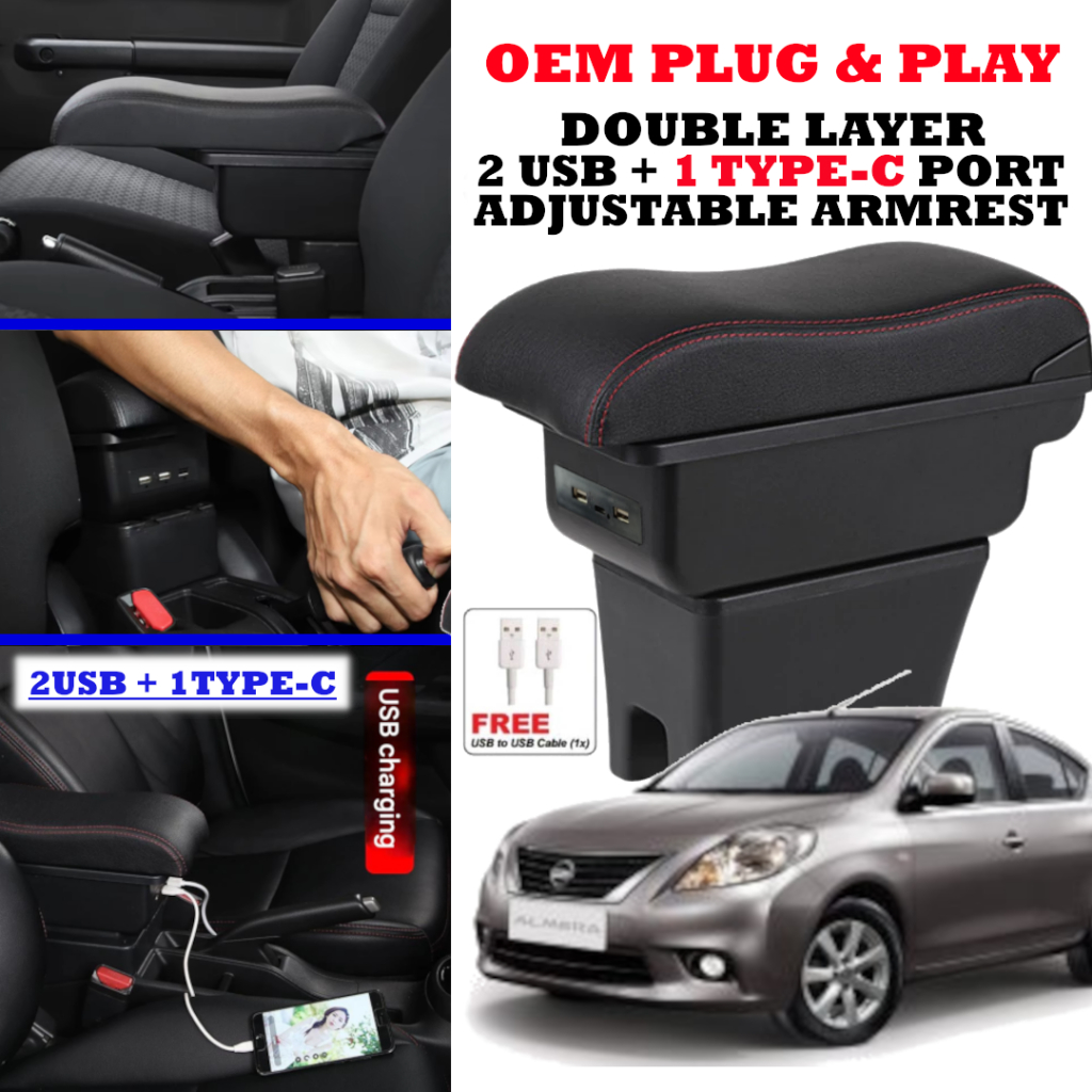 NISSAN ALMERA Car Armrest Console Box Storage Double Layer Card Phone Holder Cushion USB + Type C