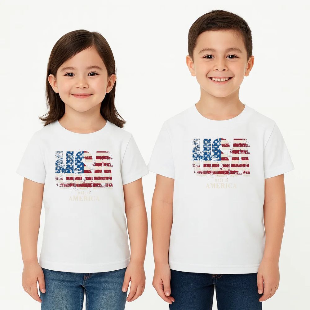 เสื้อยืดเด็ก USA MADE IN AMERICA Design "ผ้าฝ้าย 100% Unisex แขนสั้นรอบคอเด็ก Tee ขนาด 1-14yrs