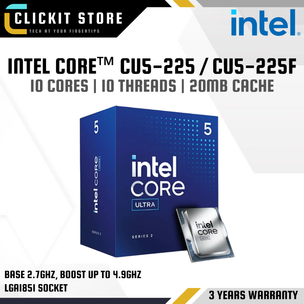INTEL CoreTM Ultra 5 - CU5-225/ CU5-225F CPU + LGA1851 เมนบอร์ด | แคช 20M, โปรเซสเซอร์ Max.4.9 GHz
