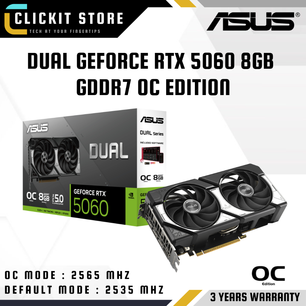 กราฟิกการ์ด GPU ASUS DUAL GeForce RTX 5060 8GB GDDR7 / OC Edition | DUAL-RTX5060-8G / RTX5060-O8G