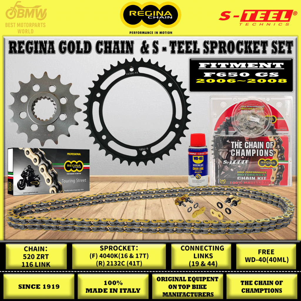 REGINA CHAIN + S-TEEL SPROCKET KIT BMW F650GS / SE (2006–2012)|525 ZRT / ZRA|116–118L|16–17T / 41–42