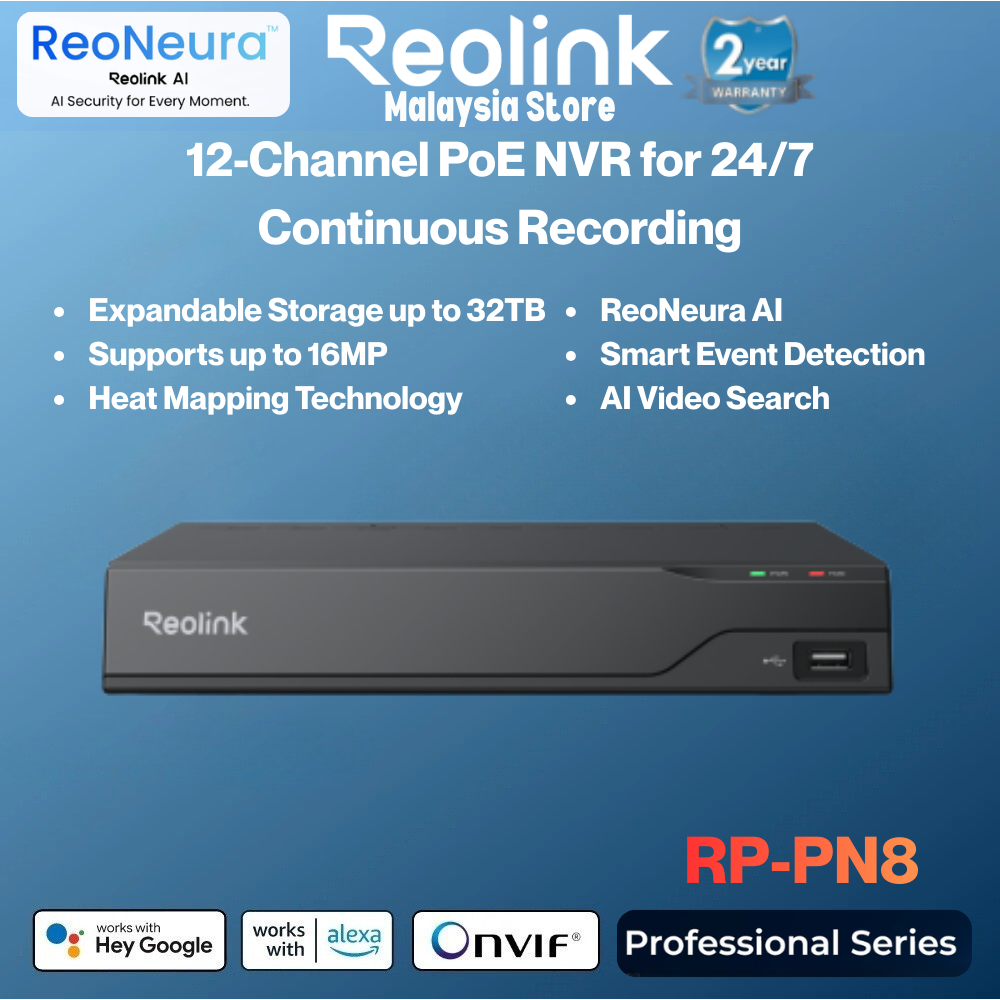 Reolink RP-PN8 เครื่องบันทึก PoE NVR 12 ช่อง 16MP Ultra HD รองรับ ReoNeura AI ค้นหาวิดีโอ 32TB HDD
