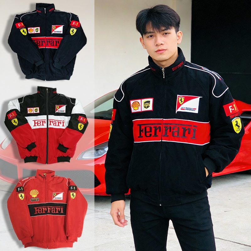 F1 Ferrari Racing เย็บปักถักร้อย Retro แขนยาว Windbreaker ผู้ชาย Bomber Jacket พร้อมซิป