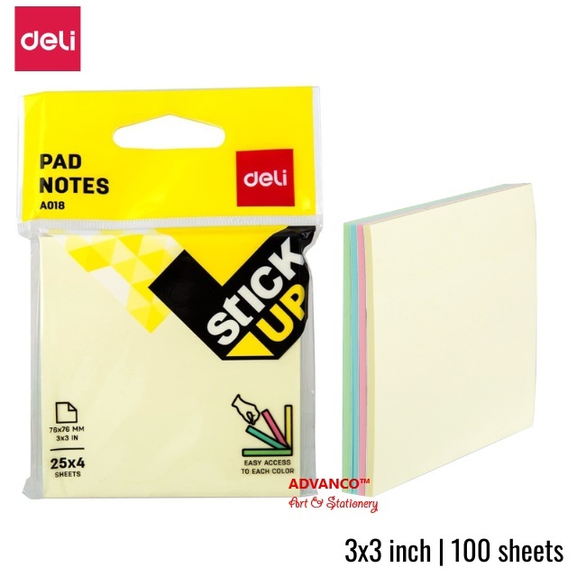 DELI STICKY NOTES PASTEL COLOURS 76X76MM (3X3INCHES) แพ็คละ 100 แผ่น
