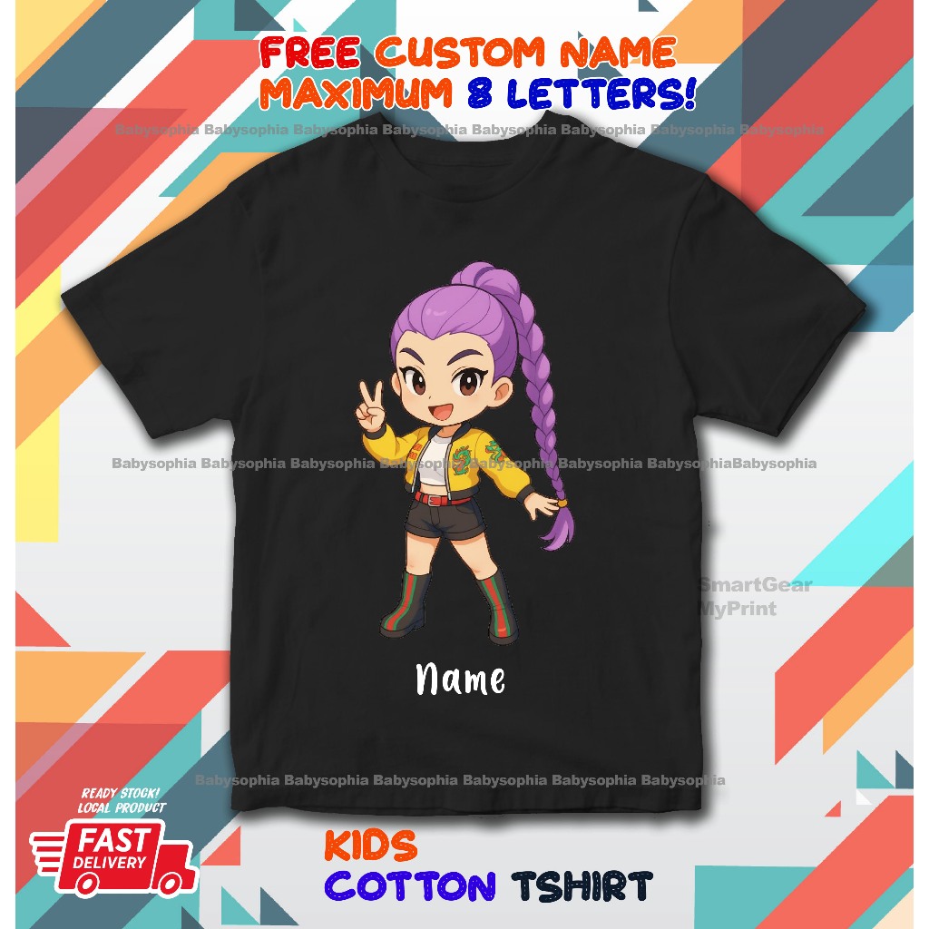 Huntrix Rumi Chibi เสื้อยืดผ้าฝ้ายสําหรับเด็กแขนสั้นพร้อมชื่อที่กําหนดเองฟรีสูงสุด 8 LETTERS