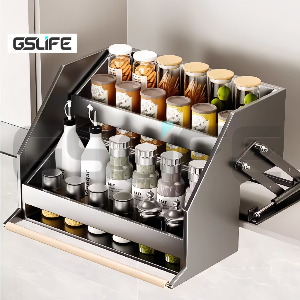 GSlife Elevating และตะกร้าแบบดึงลงแบบพับเก็บได้ รีบาวด์แบบไร้แรง ตู้ครัว ชั้นวางเครื่องปรุงรสแบบดึงล